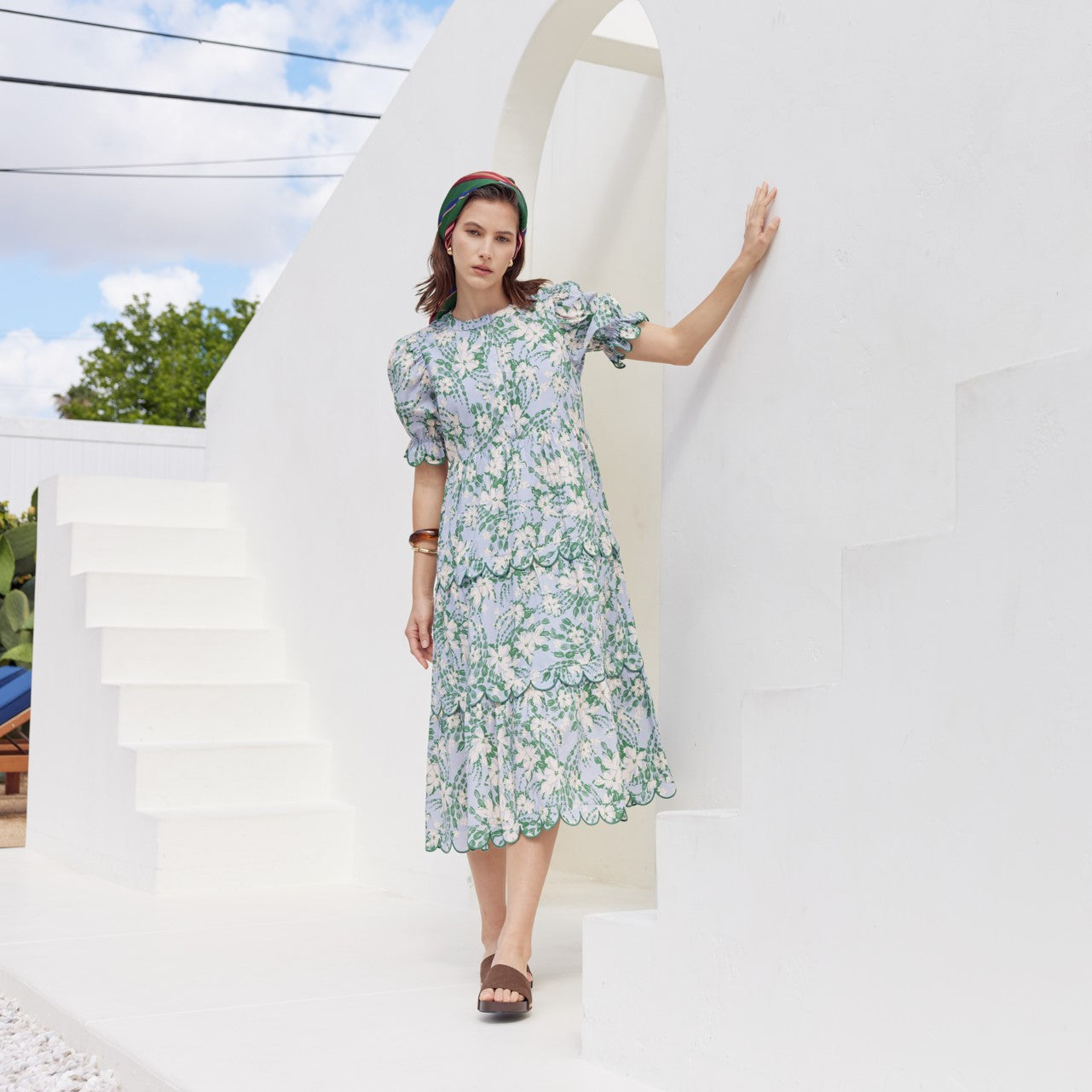 Floral Scallop Edge Puff Sleeve Midi Dress