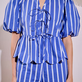 Stripe Tie Front Puff Sleeve Top