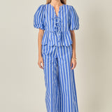 Stripe Tie Front Puff Sleeve Top