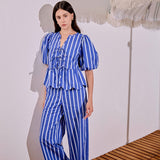 Stripe Tie Front Puff Sleeve Top