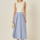 Linen Checked Pleated Midi Skirt
