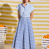Linen Checked Pleated Midi Skirt