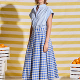 Linen Checked Pleated Midi Skirt