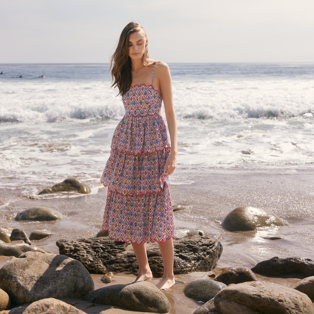 Scalloped Floral Tiered Midi Dress