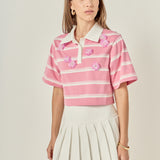 Floral Appliqué Striped Crop Polo Top