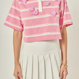 Floral Appliqué Striped Crop Polo Top