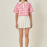Floral Appliqué Striped Crop Polo Top