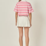 Floral Appliqué Striped Crop Polo Top