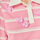 Floral Appliqué Striped Crop Polo Top