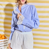 Scalloped Lace Detail Stripe Shirt Blouse