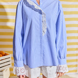 Scalloped Lace Detail Stripe Shirt Blouse