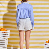 Scalloped Lace Detail Stripe Shirt Blouse