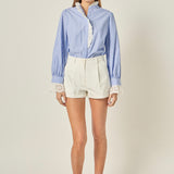 Scalloped Lace Detail Stripe Shirt Blouse