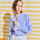 Scalloped Lace Detail Stripe Shirt Blouse