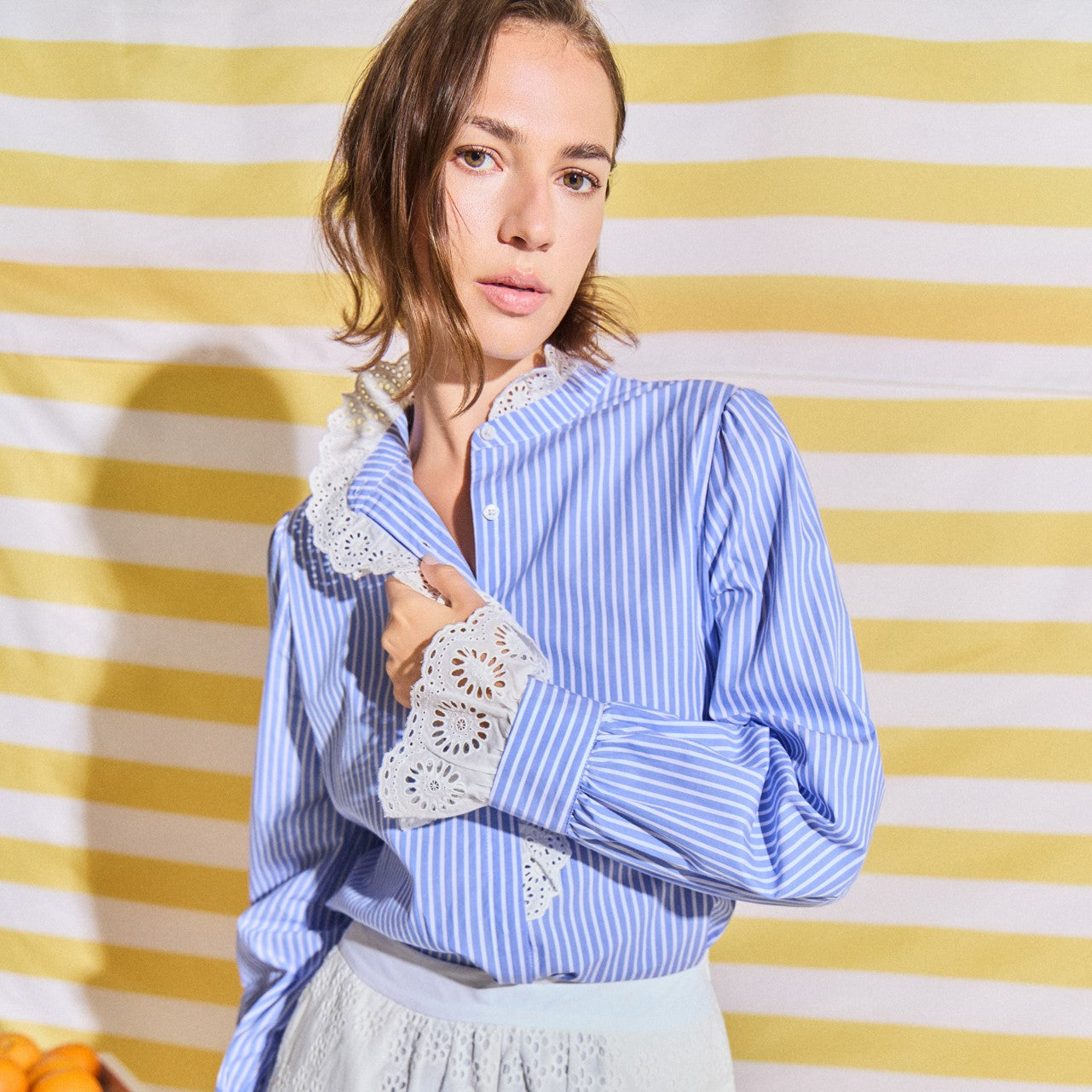 Scalloped Lace Detail Stripe Shirt Blouse