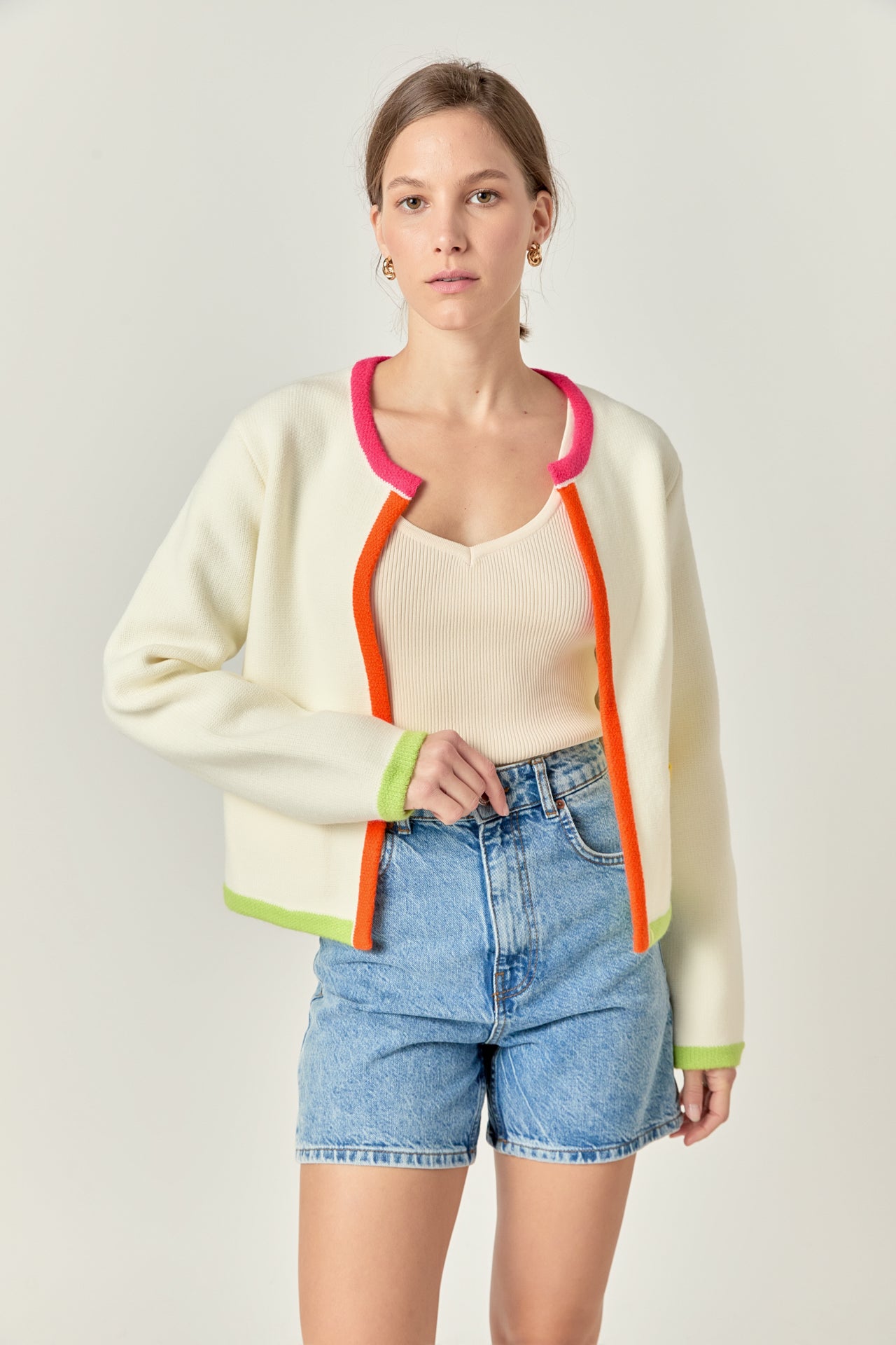 カラー　20AW kolor DOCKING KNIT CARDIGAN COZYEASE Women's Color Block Crop Cardigan Top Bishop Long Sleeve