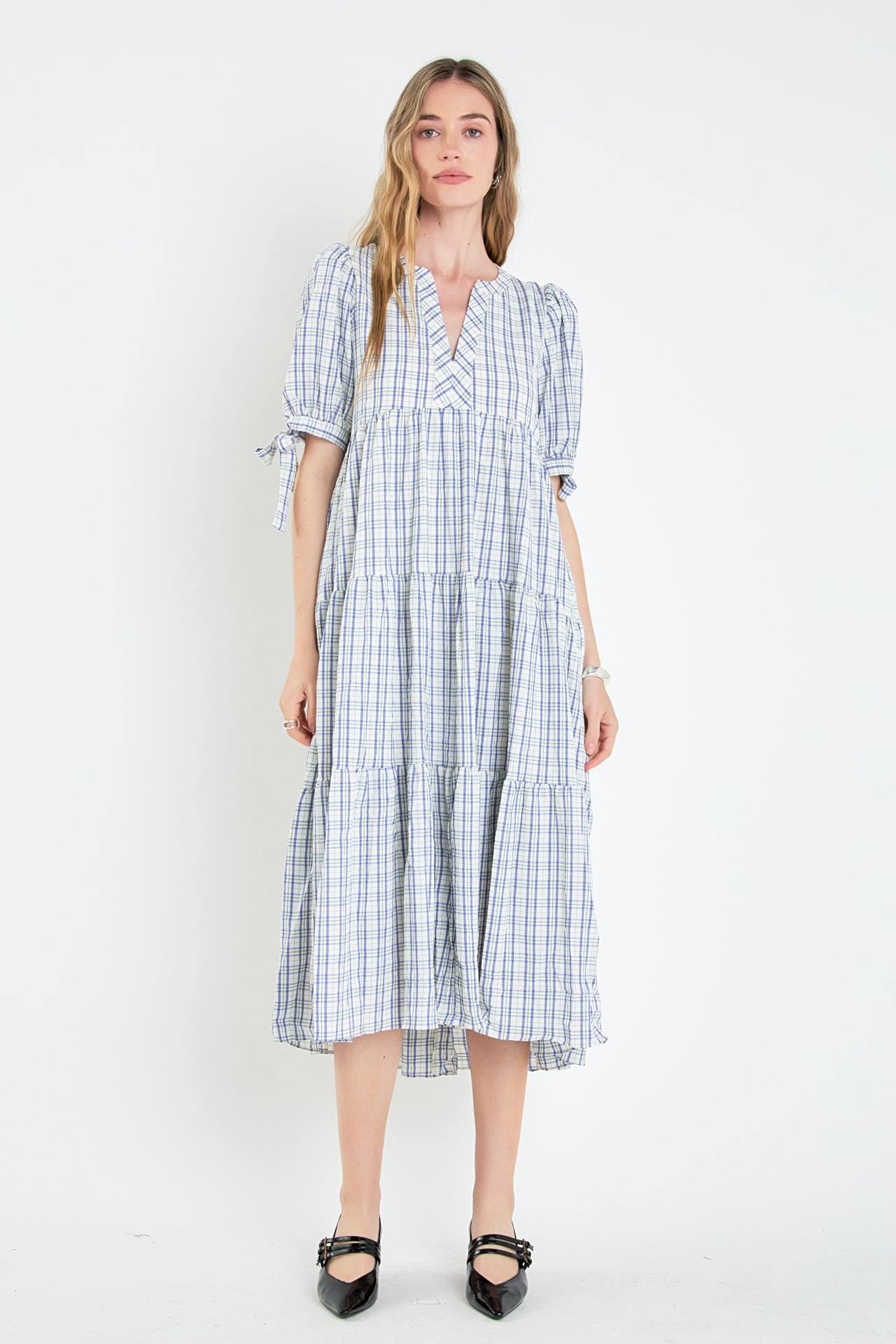 Gingham Tiered Dress with Bow-Tie Sleeves