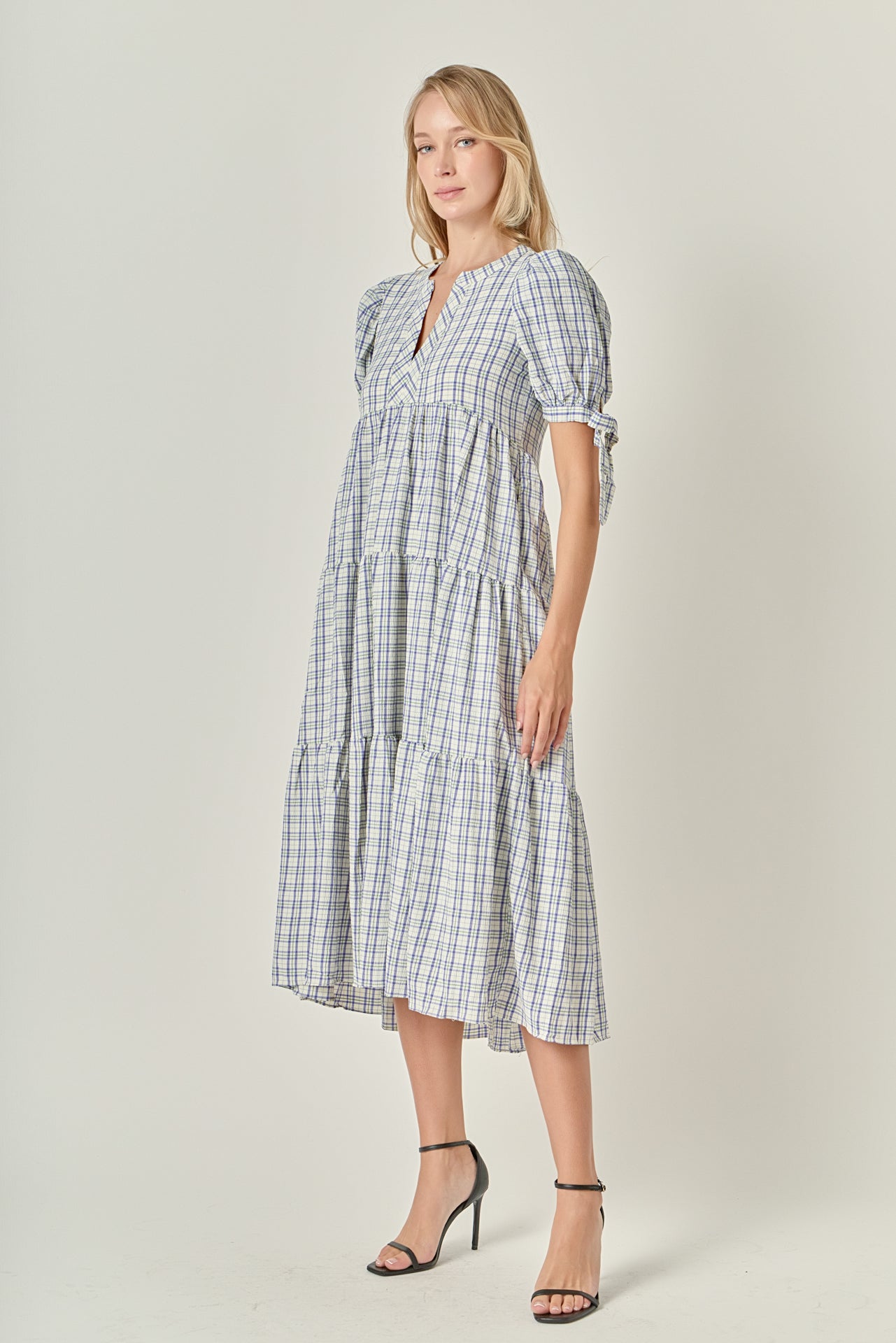 Gingham Tiered Dress with Bow-Tie Sleeves – English Factory
