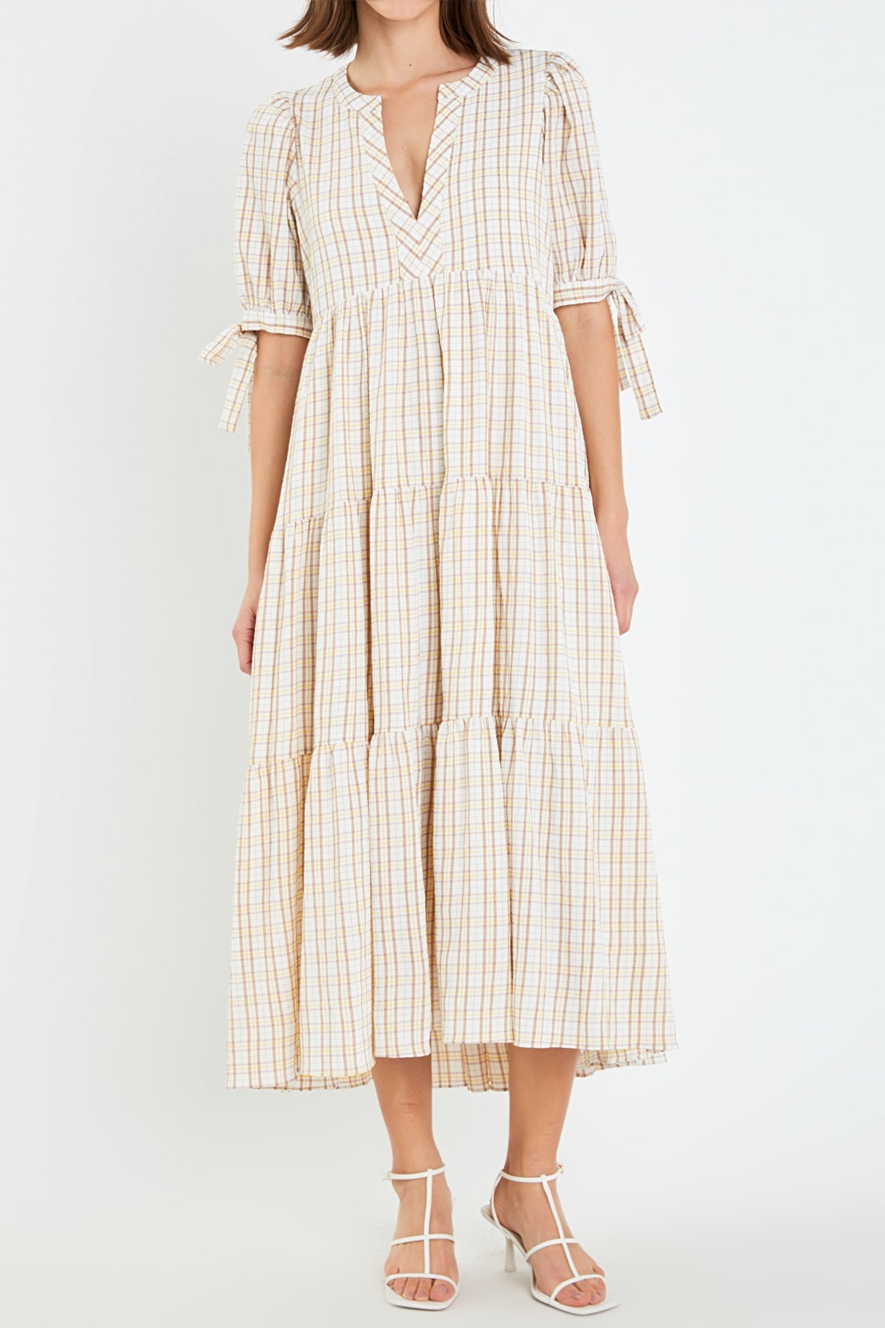 Gingham Tiered Dress with Bow-Tie Sleeves