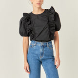 Double Ruffle Poplin Puff Sleeve Shirt