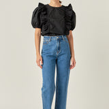 Double Ruffle Poplin Puff Sleeve Shirt