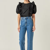 Double Ruffle Poplin Puff Sleeve Shirt