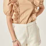 Double Ruffle Poplin Puff Sleeve Shirt