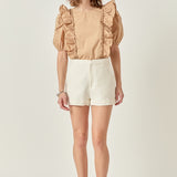 Double Ruffle Poplin Puff Sleeve Shirt