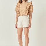 Double Ruffle Poplin Puff Sleeve Shirt
