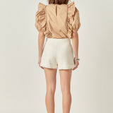 Double Ruffle Poplin Puff Sleeve Shirt