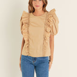 Double Ruffle Poplin Puff Sleeve Shirt