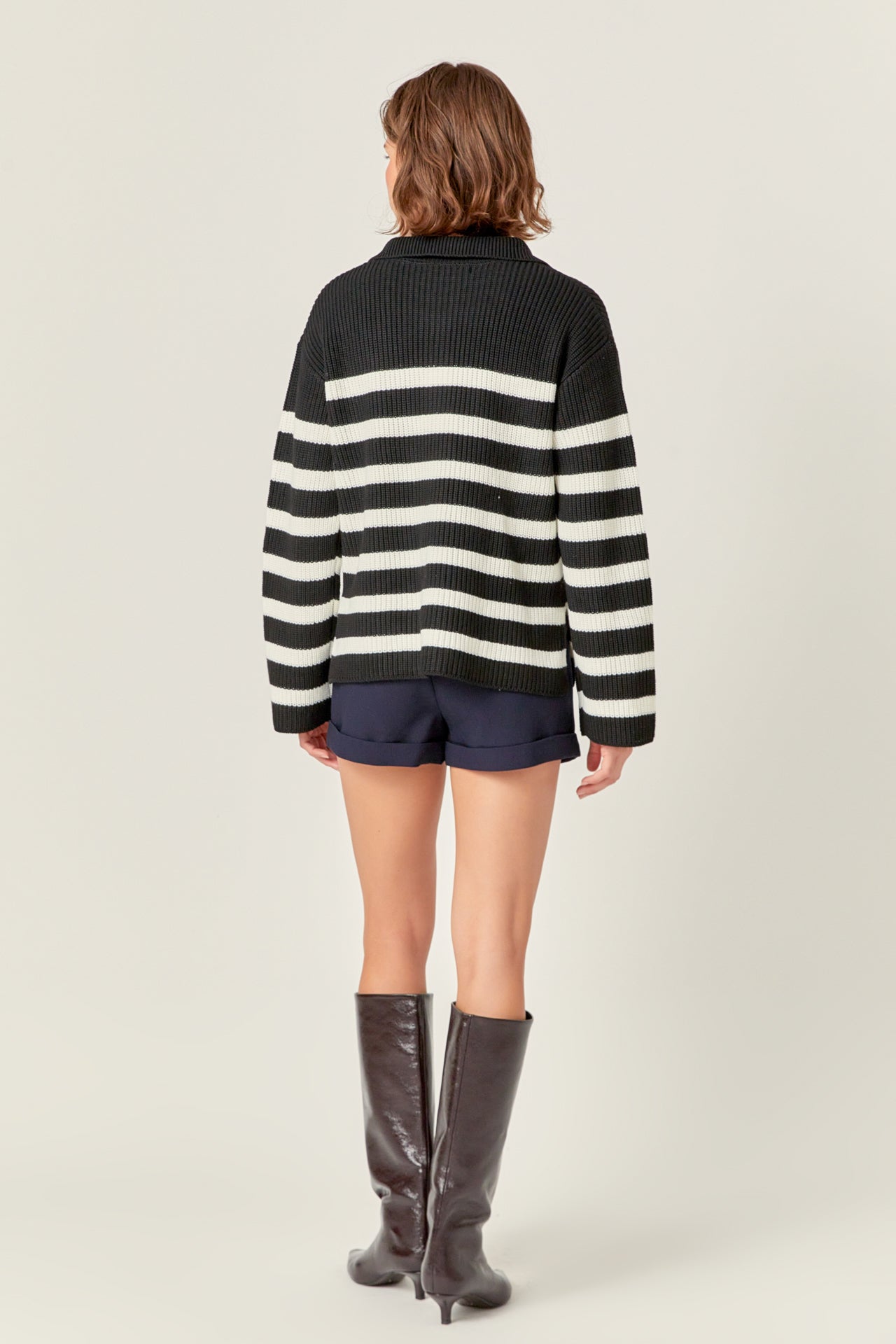 ANCELLM - CUT STRIPE HALF ZIP PULL OVER SHIRT | BEIGE