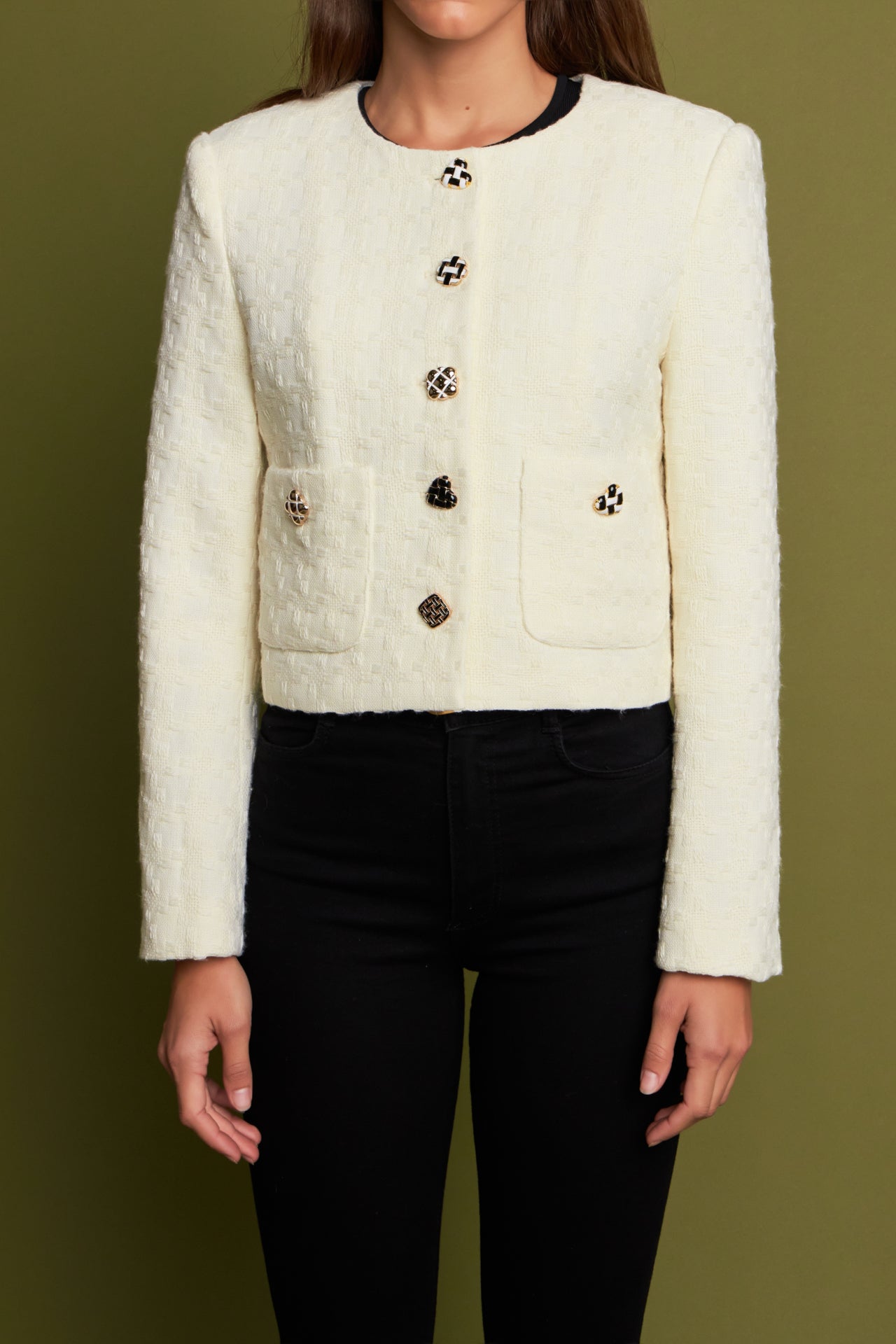 English Factory - Premium Houndstooth Cropped Jacket Ivory / L