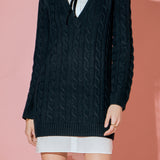 Mixed Media Cable Knit V-Neck Drop Sweater Dress