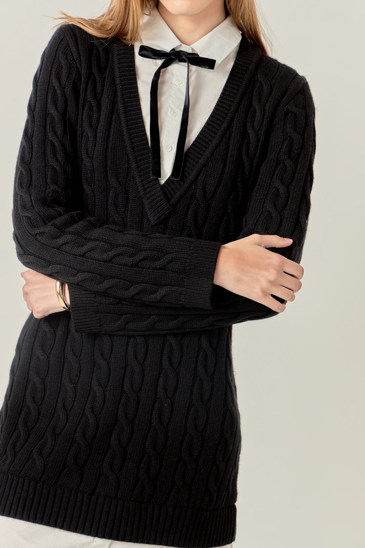 Mixed Media Cable Knit V-Neck Drop Sweater Dress – English Factory