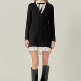 Mixed Media Cable Knit V-Neck Drop Sweater Dress
