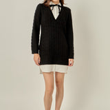 Mixed Media Cable Knit V-Neck Drop Sweater Dress