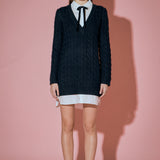 Mixed Media Cable Knit V-Neck Drop Sweater Dress