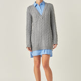 Mixed Media Cable Knit V-Neck Drop Sweater Dress