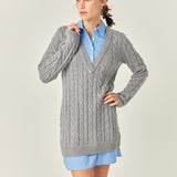 Mixed Media Cable Knit V-Neck Drop Sweater Dress