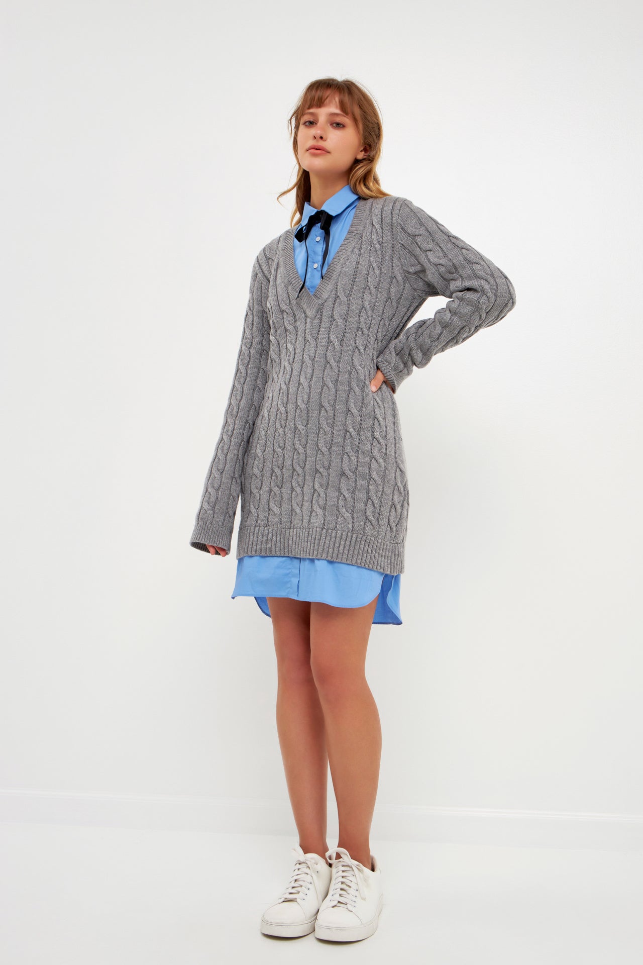 Mixed Media Cable Knit Sweater Dress