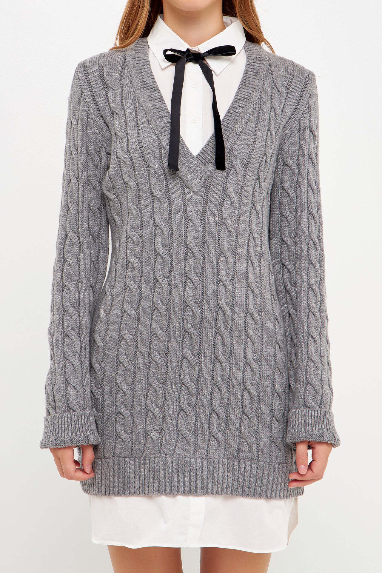 English Factory - Mixed Media Cable Knit Sweater Dress Grey / XS