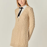 Mixed Media Cable Knit V-Neck Drop Sweater Dress