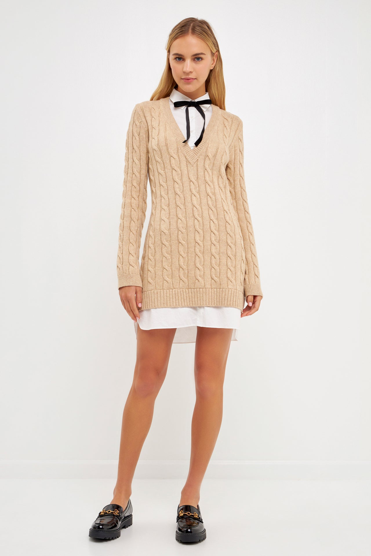 Mixed Media Cable Knit Sweater Dress