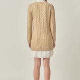 Mixed Media Cable Knit V-Neck Drop Sweater Dress