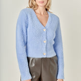 Feathered Plush Heart Buttoned Cropped Cardigan