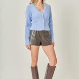 Feathered Plush Heart Buttoned Cropped Cardigan