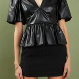 Faux Leather Peplum V-Neck Top