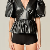 Faux Leather Peplum V-Neck Top