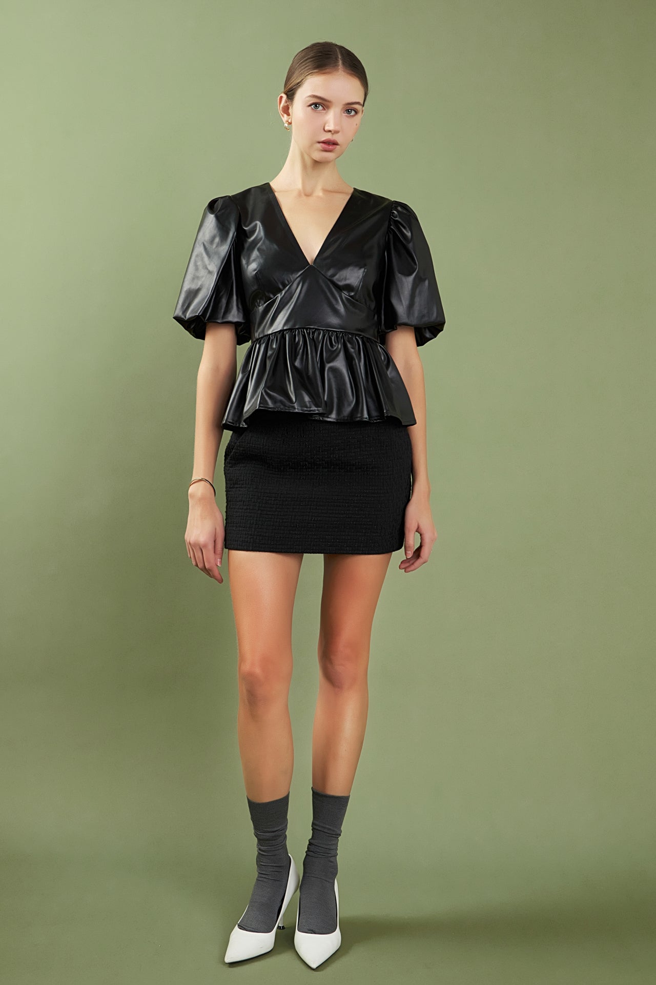 English Factory Women's Leather Peplum Top, Black, XS English Factory Women's Leather Peplum Top, Black, XS